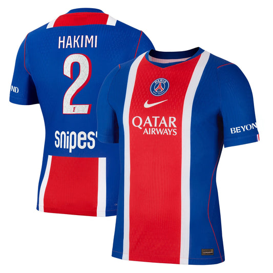 Front and back view of men's Paris Saint-Germain 2026-2027 home blue match authentic jersey featuring Hakimi by Final Third Kit