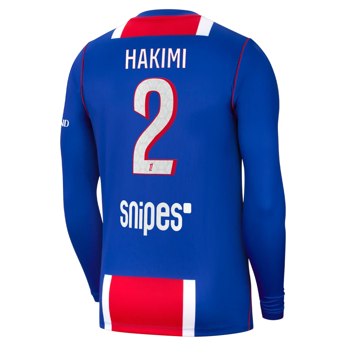 Back view of men's Paris Saint-Germain 2026-2027 home blue stadium replica long sleeve football shirt with Hakimi name and number 2 printing by Final Third Kit