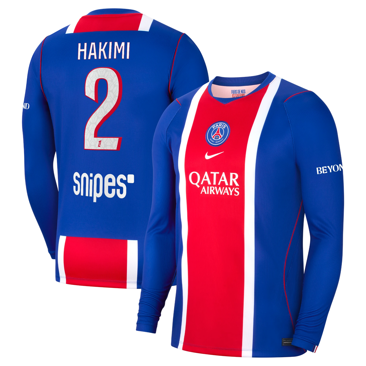 Front and back view of men's Paris Saint-Germain 2026-2027 home blue stadium replica long sleeve jersey featuring Hakimi by Final Third Kit