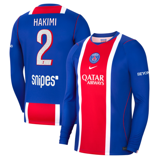 Front and back view of men's Paris Saint-Germain 2026-2027 home blue stadium replica long sleeve jersey featuring Hakimi by Final Third Kit