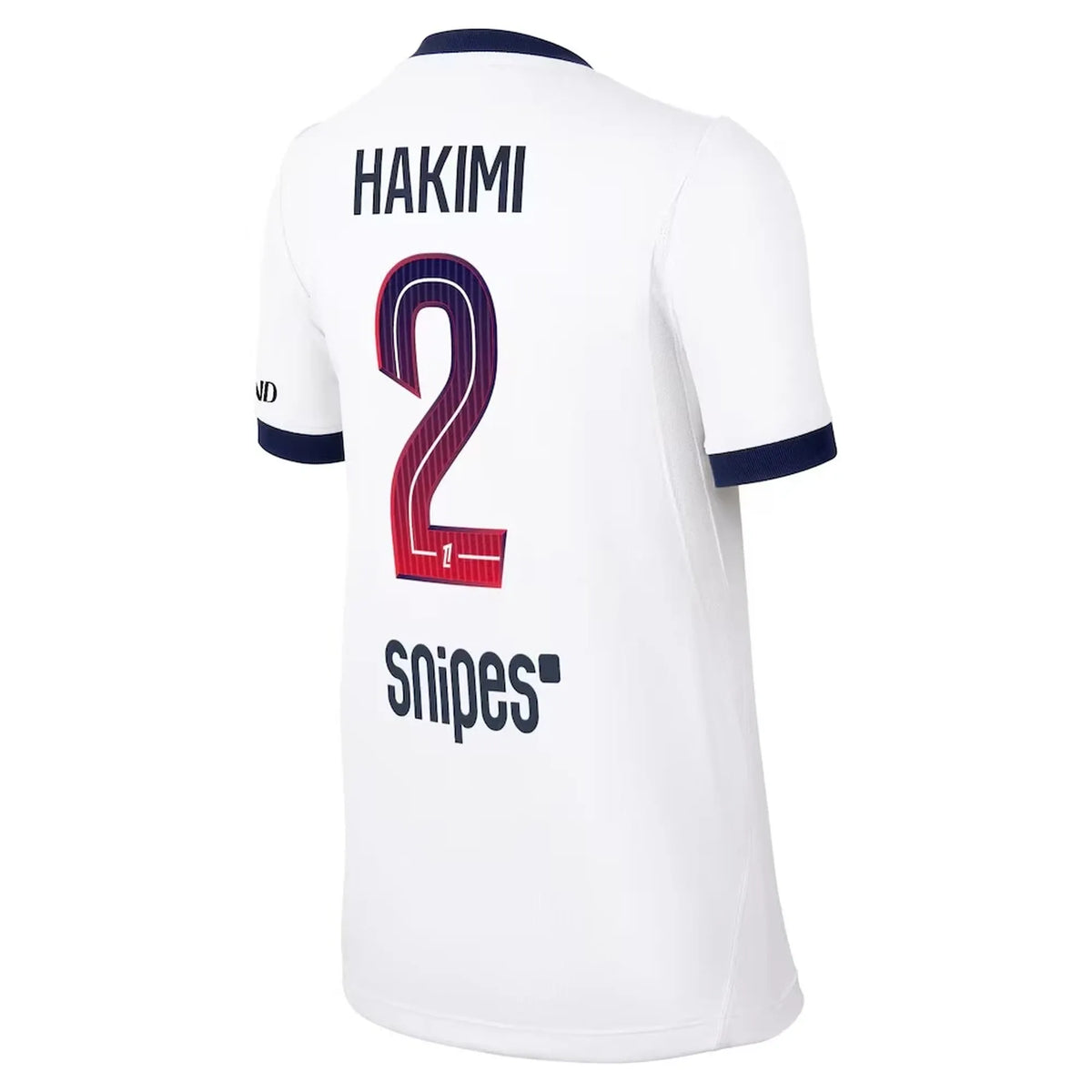 Back view of youth Paris Saint-Germain 2026-2027 away white stadium replica football shirt with Hakimi name and number 2 printing by Final Third Kit