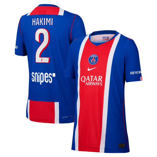 Front and back view of youth Paris Saint-Germain 2026-2027 home blue stadium replica custom jersey featuring Hakimi by Final Third Kit