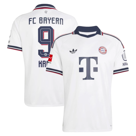 Front and back view of men's Bayern Munich 2026-2027 away white on-field authentic jersey featuring Harry Kane by Final Third Kit