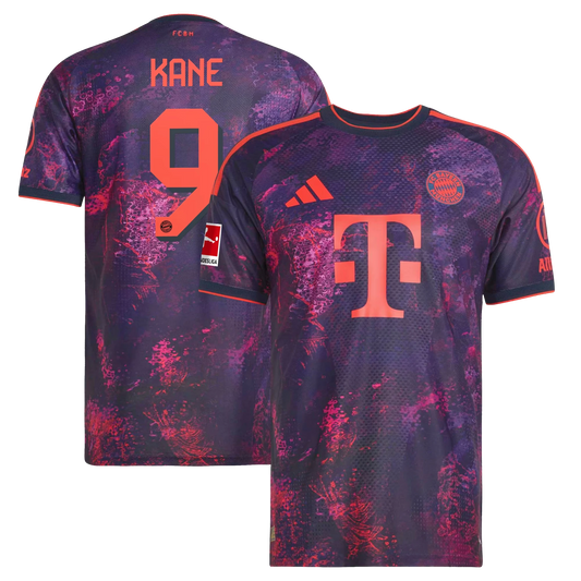 Front and back view of Bayern Munich 2026-2027 third purple on-field authentic jersey featuring Harry Kane by Final Third Kit