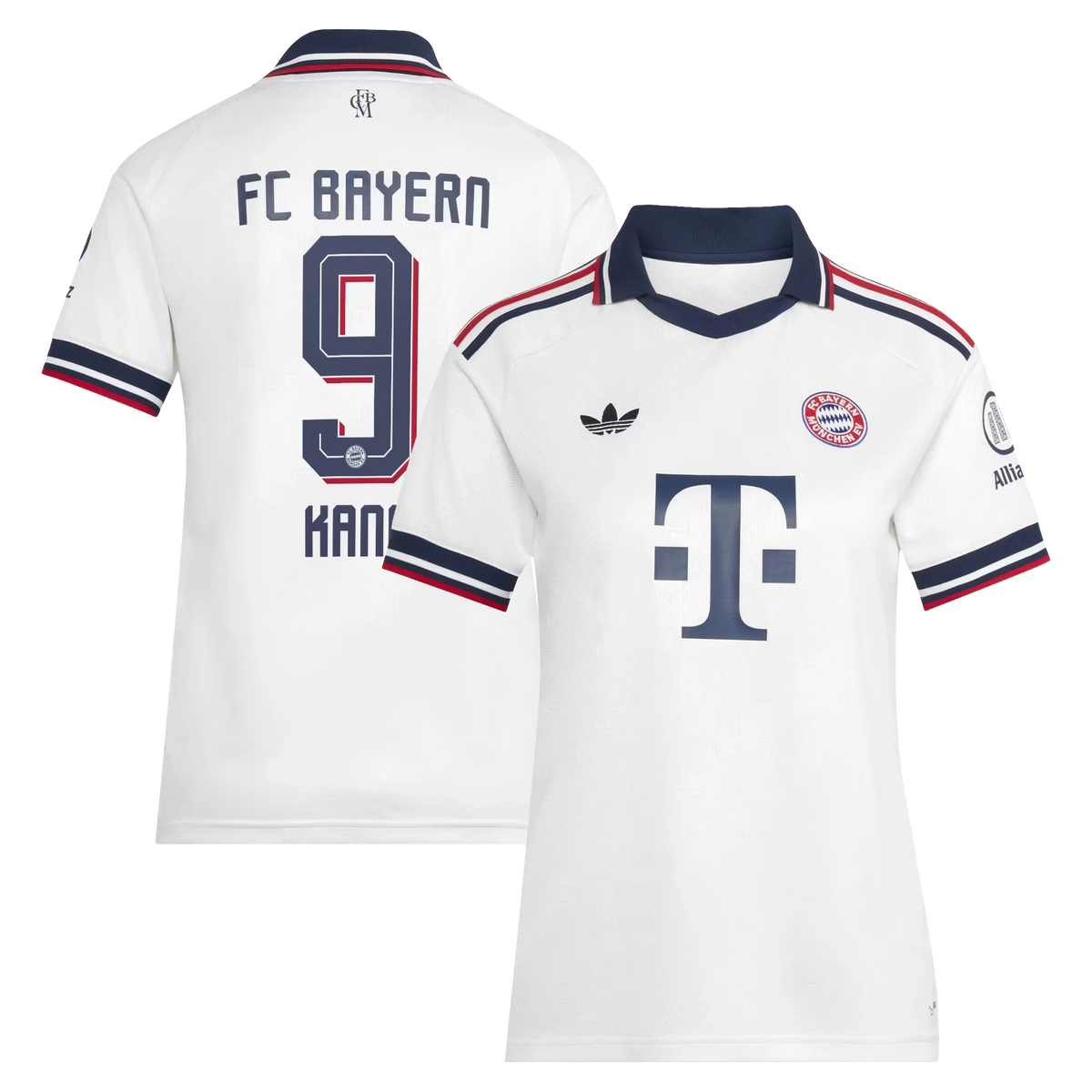 Front and back view of women's Bayern Munich 2026-2027 away white replica jersey featuring Harry Kane by Final Third Kit