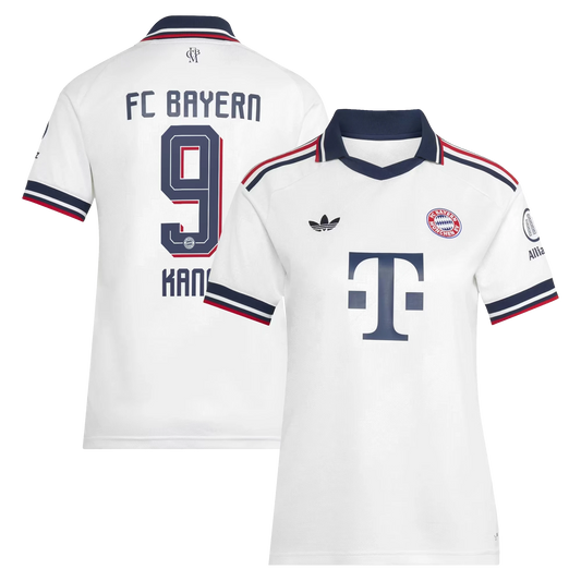 Front and back view of women's Bayern Munich 2026-2027 away white replica jersey featuring Harry Kane by Final Third Kit