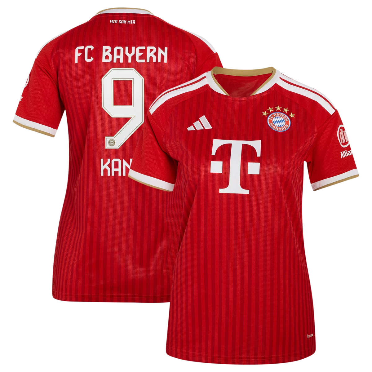 Front and back view of women's Bayern Munich 2026-2027 home red replica jersey featuring Harry Kane by Final Third Kit