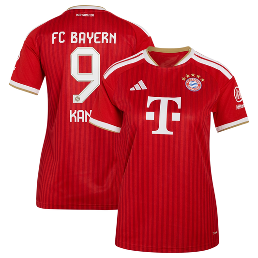 Front and back view of women's Bayern Munich 2026-2027 home red replica jersey featuring Harry Kane by Final Third Kit