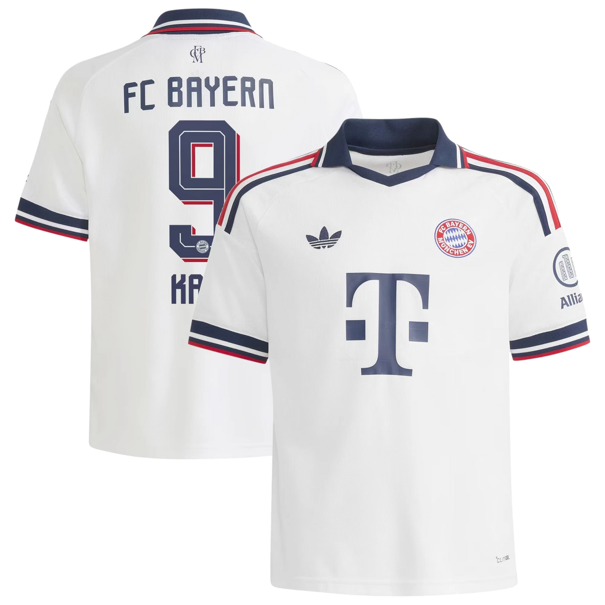 Front and back view of youth Bayern Munich 2026-2027 away white replica jersey featuring Harry Kane by Final Third Kit