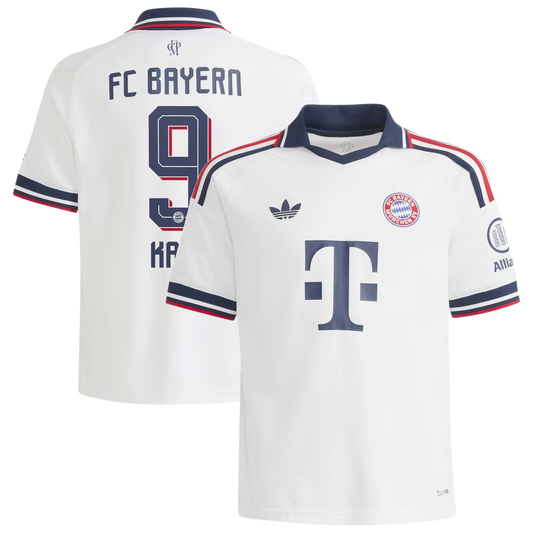 Front and back view of youth Bayern Munich 2026-2027 away white replica jersey featuring Harry Kane by Final Third Kit