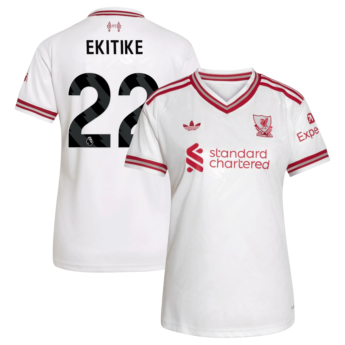 Front and back view of women's Liverpool 2026-2027 away white replica jersey featuring Hugo Ekitike by Final Third Kit