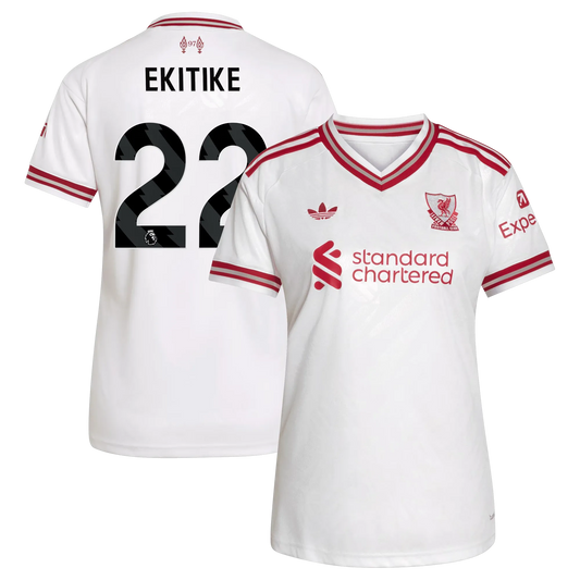 Front and back view of women's Liverpool 2026-2027 away white replica jersey featuring Hugo Ekitike by Final Third Kit