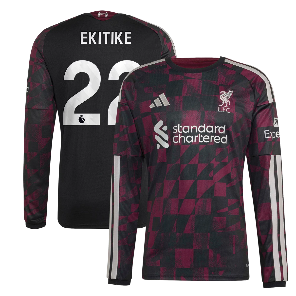 Front and back view of Liverpool 2026-2027 third black replica long sleeve jersey featuring Hugo Ekitike by Final Third Kit