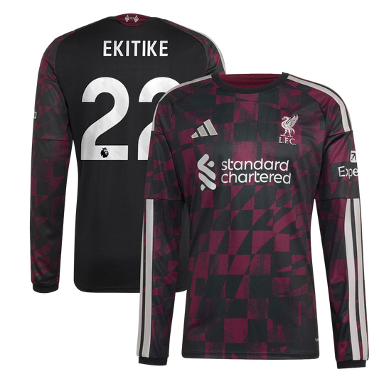 Front and back view of Liverpool 2026-2027 third black replica long sleeve jersey featuring Hugo Ekitike by Final Third Kit