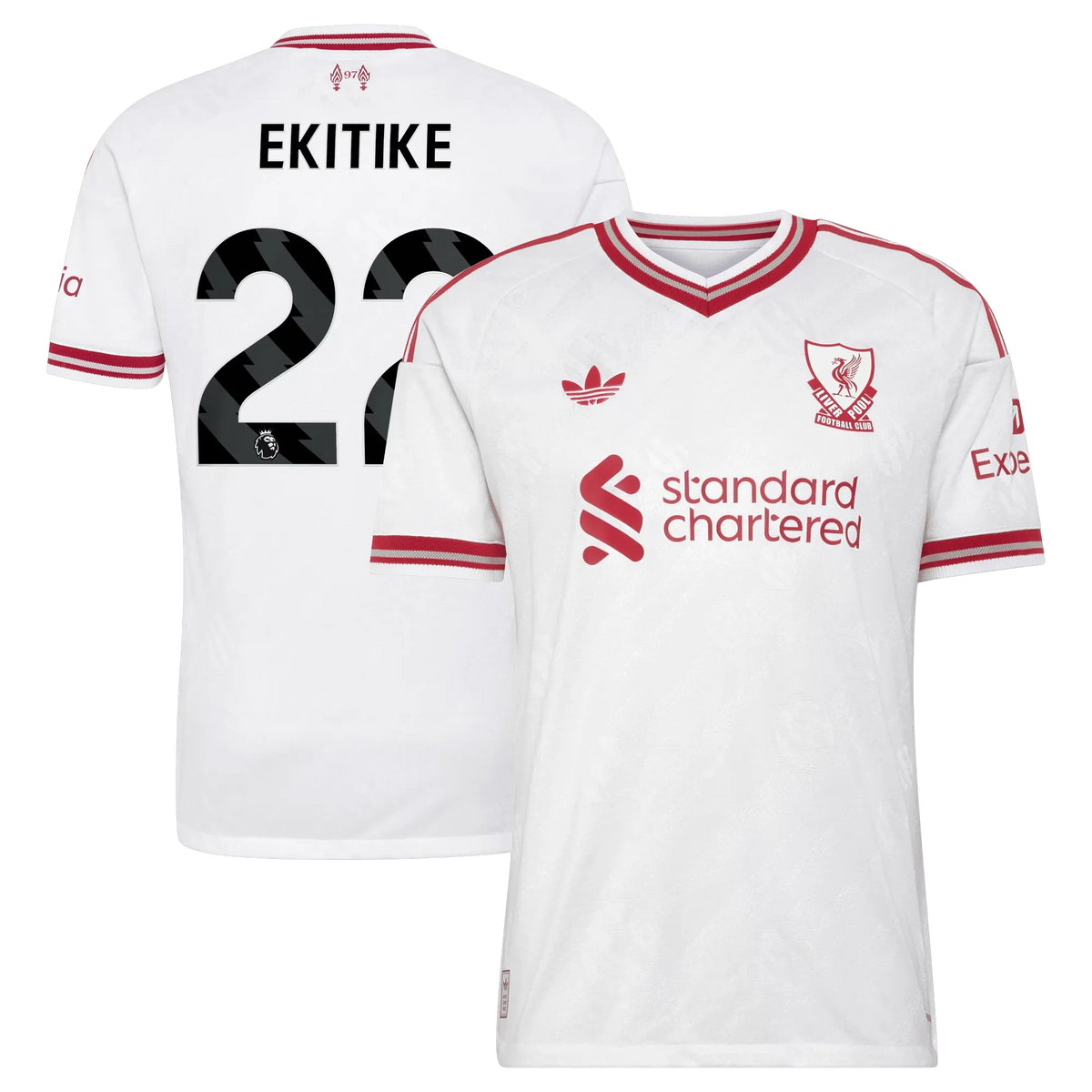 Front and back view of men's Liverpool 2026-2027 away white on-field authentic jersey featuring Hugo Ekitike by Final Third Kit