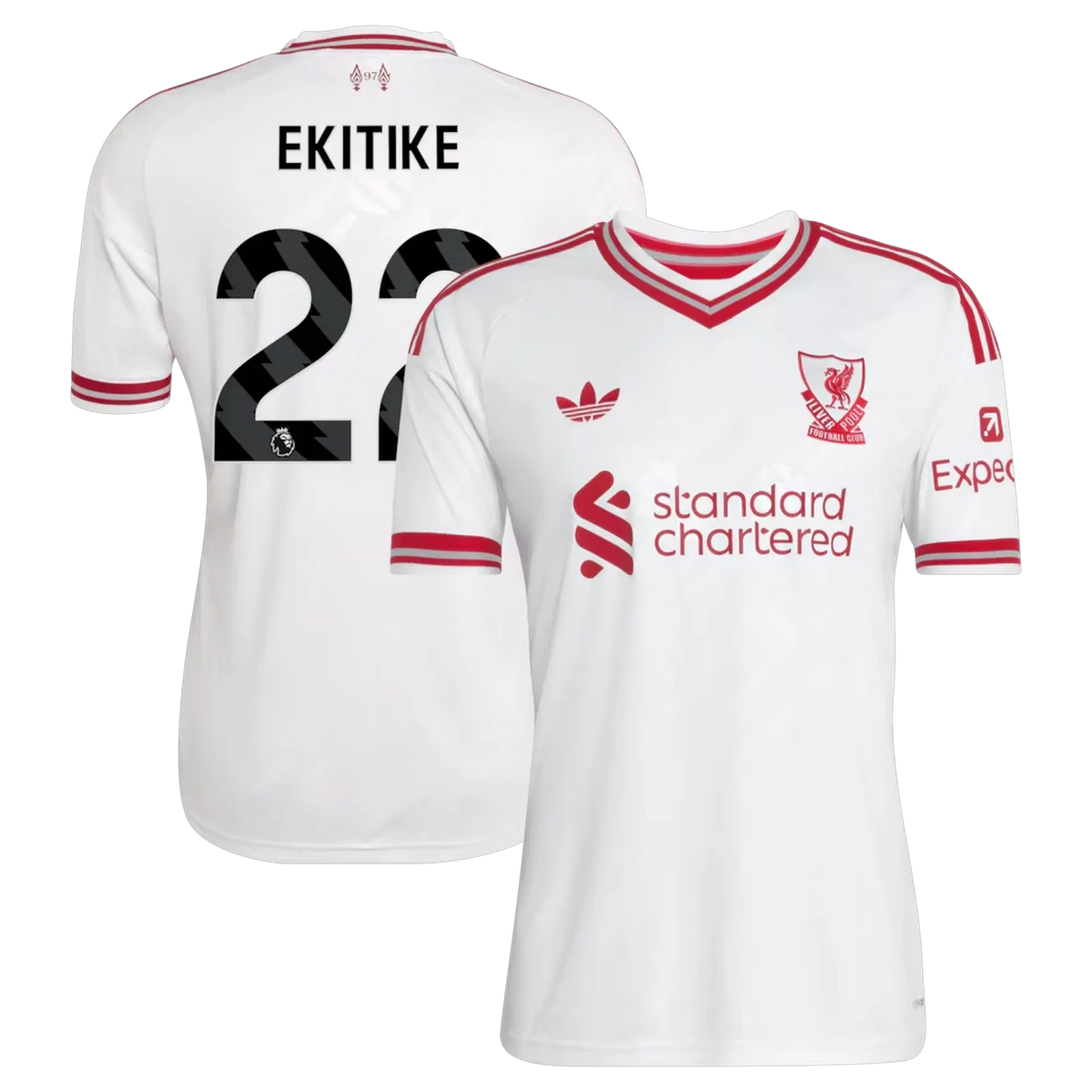 Front and back view of men's Liverpool 2026-2027 away white replica jersey featuring Hugo Ekitike by Final Third Kit