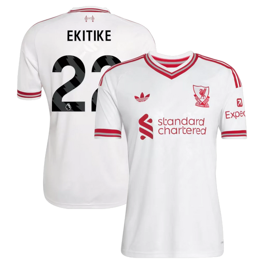 Front and back view of men's Liverpool 2026-2027 away white replica jersey featuring Hugo Ekitike by Final Third Kit