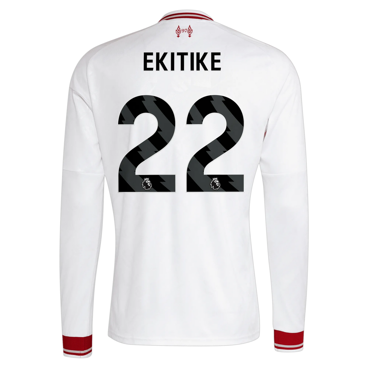 Back view of men's Liverpool 2026-2027 away white replica long sleeve football shirt with Hugo Ekitike name and number 11 printing by Final Third Kit
