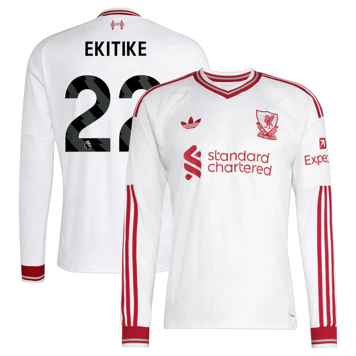 Front and back view of men's Liverpool 2026-2027 away white replica long sleeve jersey featuring Hugo Ekitike by Final Third Kit