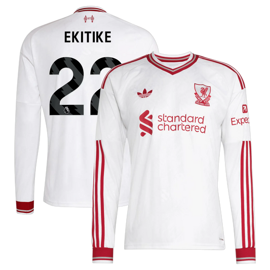 Front and back view of men's Liverpool 2026-2027 away white replica long sleeve jersey featuring Hugo Ekitike by Final Third Kit