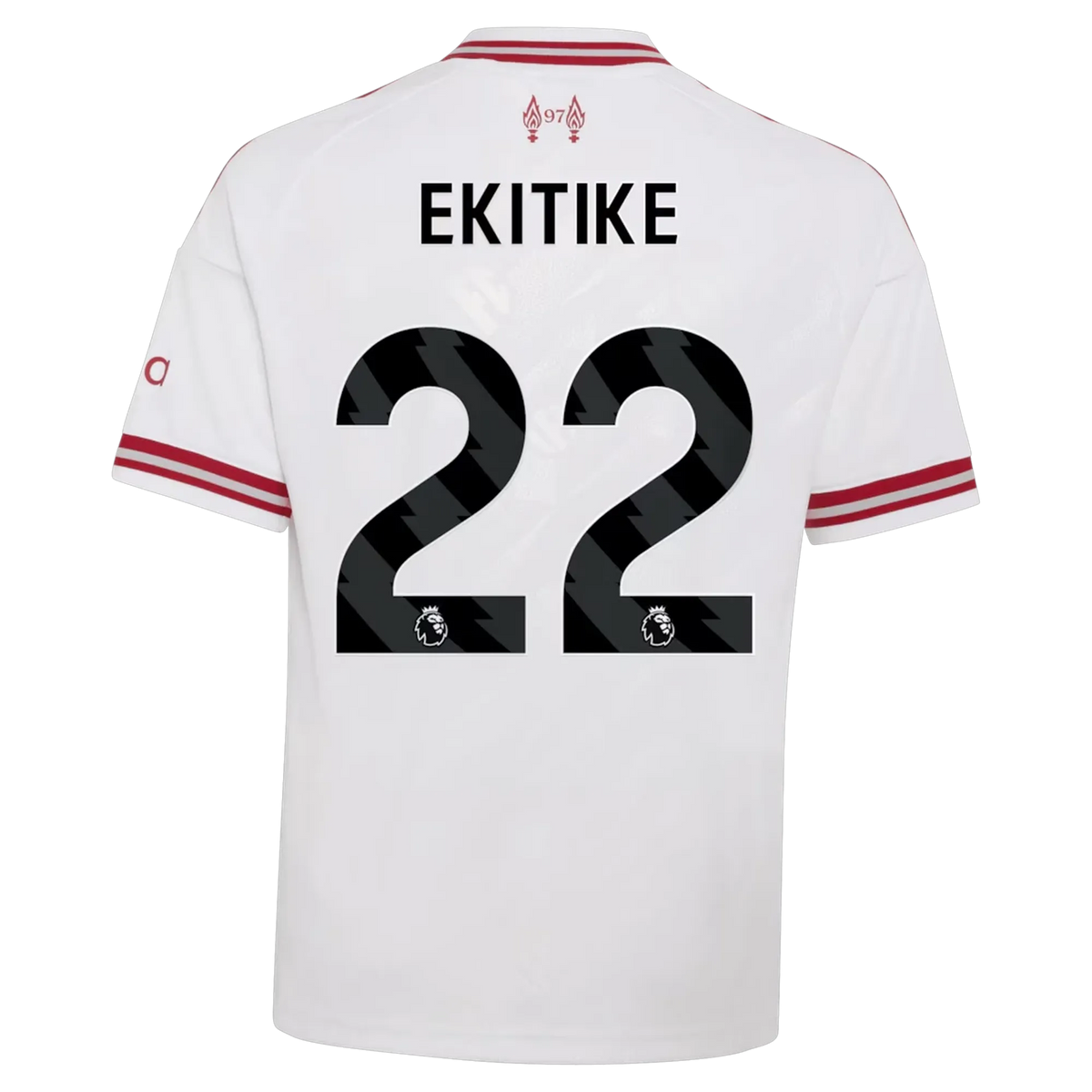 Back view of youth Liverpool 2026-2027 away white replica football shirt with Hugo Ekitike name and number 11 printing by Final Third Kit
