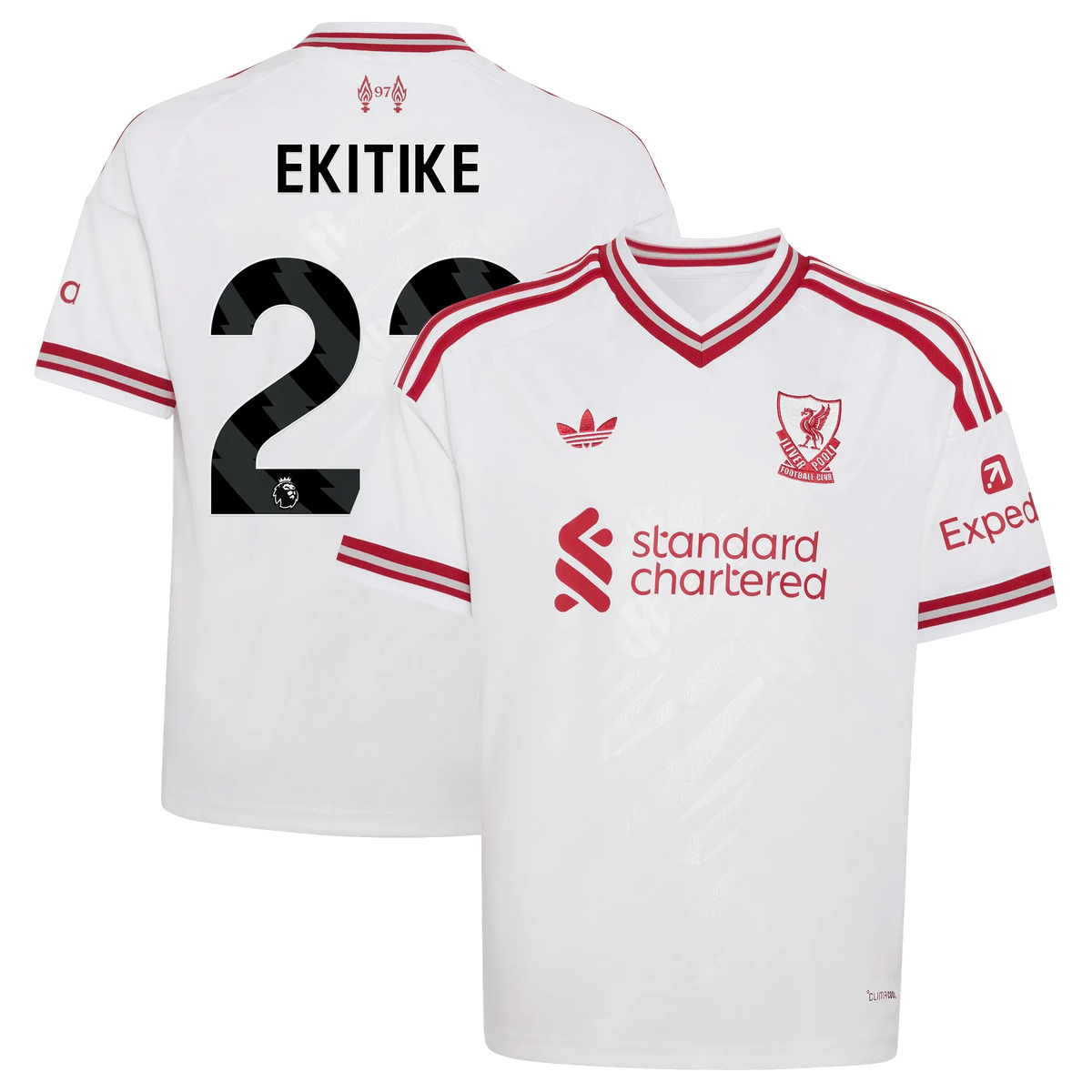 Front and back view of youth Liverpool 2026-2027 away white replica jersey featuring Hugo Ekitike by Final Third Kit