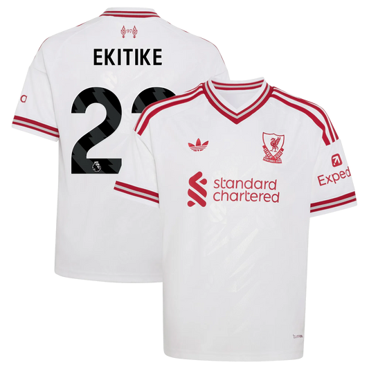 Front and back view of youth Liverpool 2026-2027 away white replica jersey featuring Hugo Ekitike by Final Third Kit