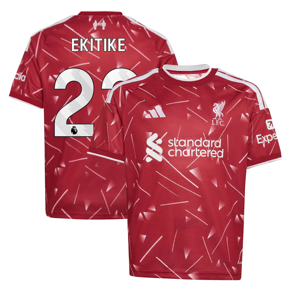 Front and back view of youth Liverpool 2026-2027 home red replica jersey featuring Hugo Ekitike by Final Third Kit