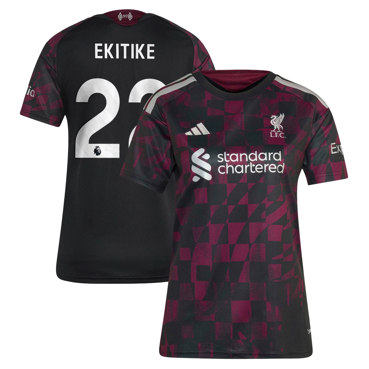 Front and back view of women's Liverpool 2026-2027 third black replica jersey featuring Hugo Ekitike by Final Third Kit