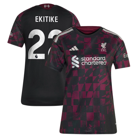 Front and back view of women's Liverpool 2026-2027 third black replica jersey featuring Hugo Ekitike by Final Third Kit