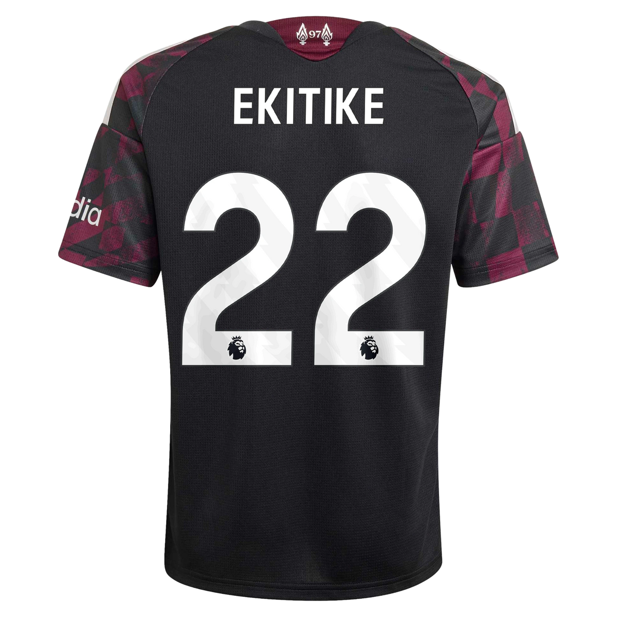 Back view of youth Liverpool 2026-2027 third black replica football shirt with Hugo Ekitike name and number 22 printing by Final Third Kit