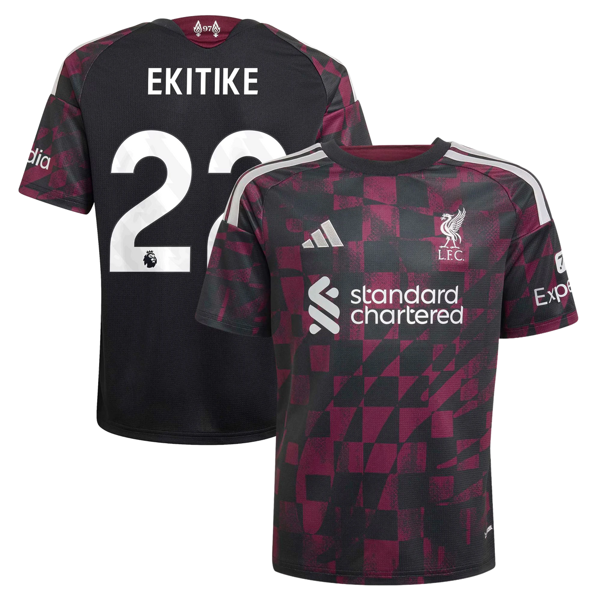 Front and back view of youth Liverpool 2026-2027 third black replica jersey featuring Hugo Ekitike by Final Third Kit