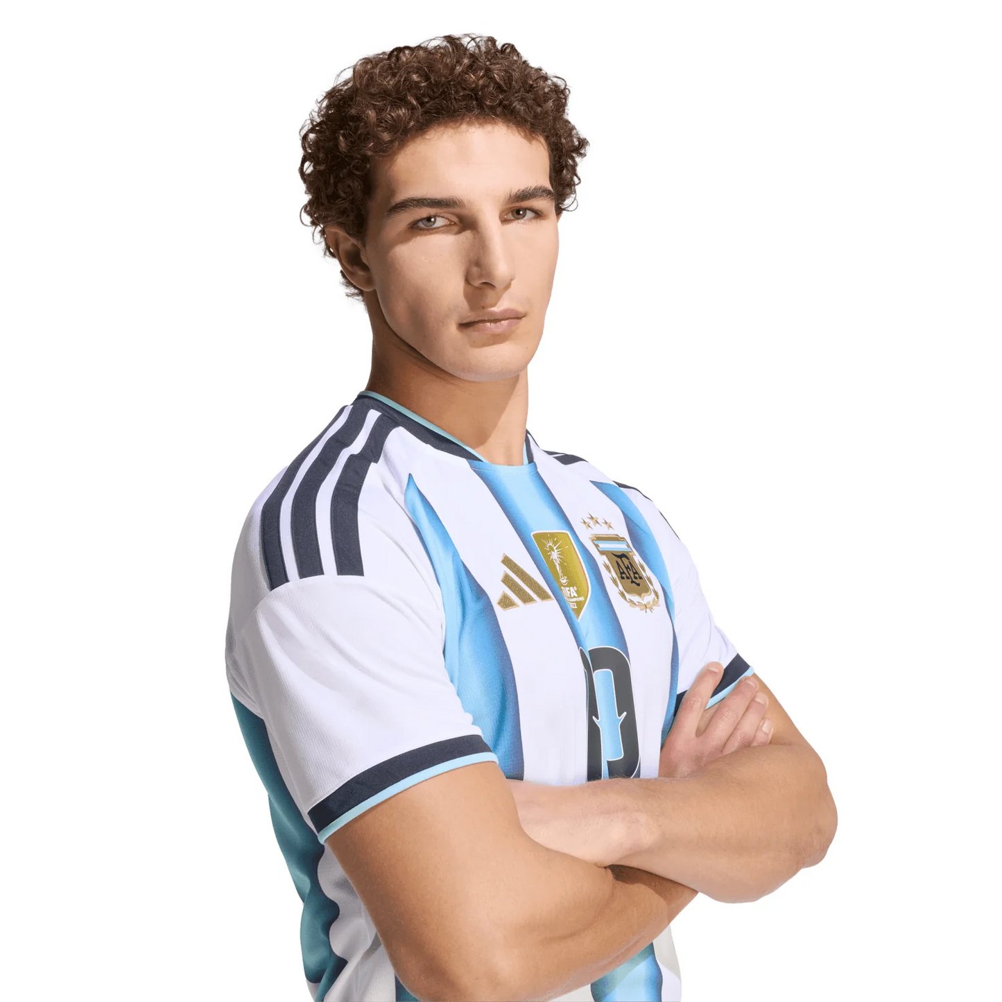 Person wearing an Argentina soccer jersey with Adidas logo on a white background