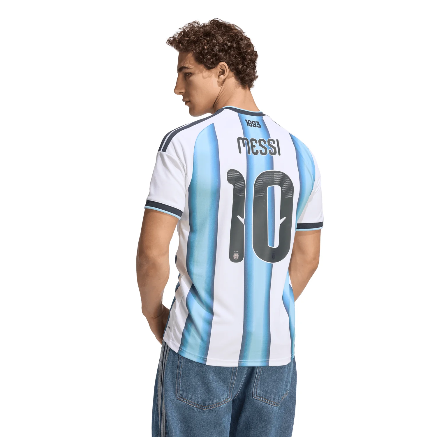 Person wearing a soccer jersey with 'Messi' and number '10' on the back, on a white background