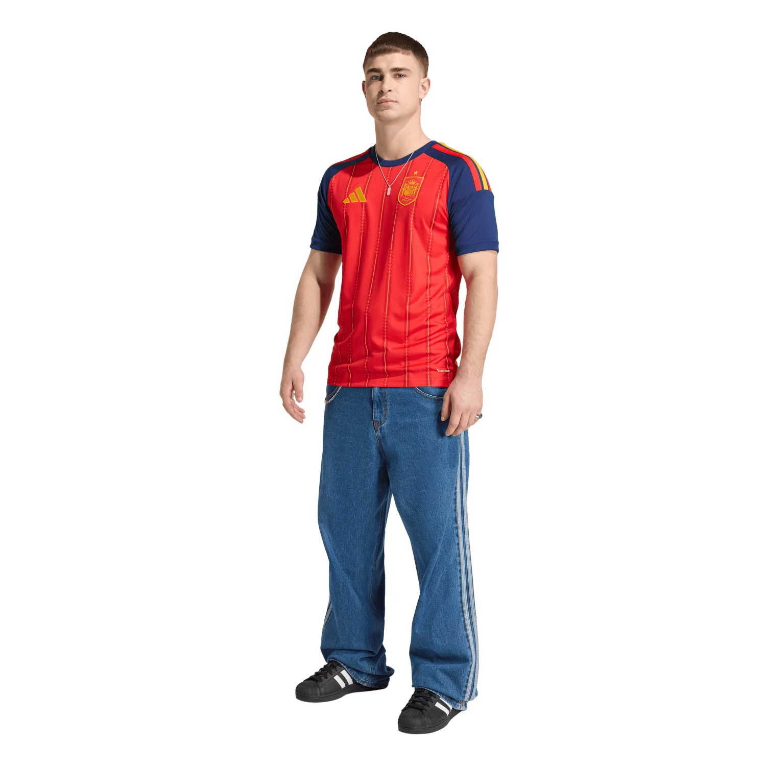 Model wearing Spain 2026 home red soccer jersey