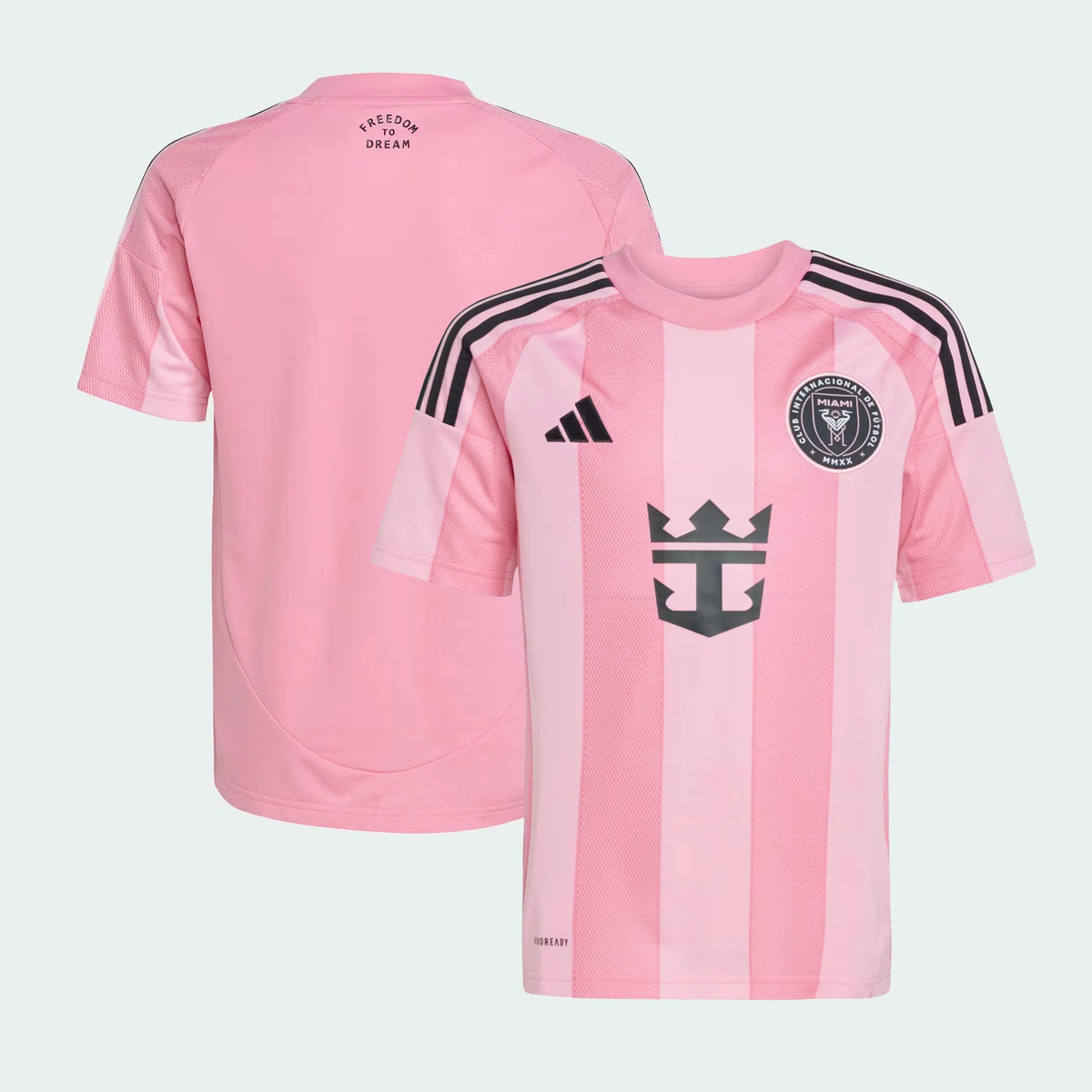 Front and back view of youth Inter Miami CF 2026 home pink jersey by Final Third Kit