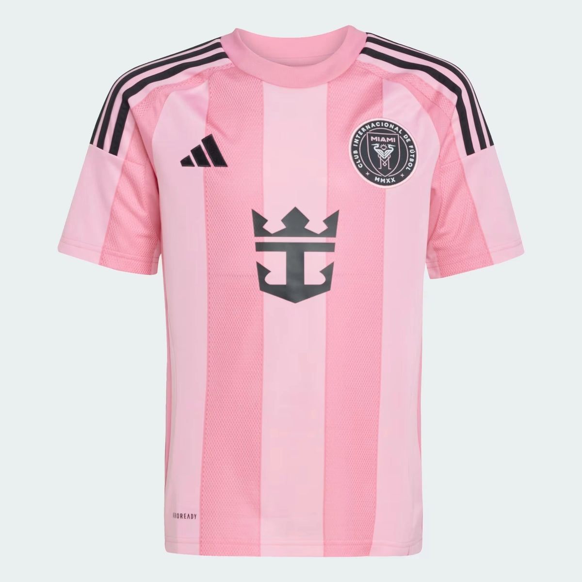 Front view of youth Inter Miami CF 2026 home pink soccer jersey by Final Third Kit
