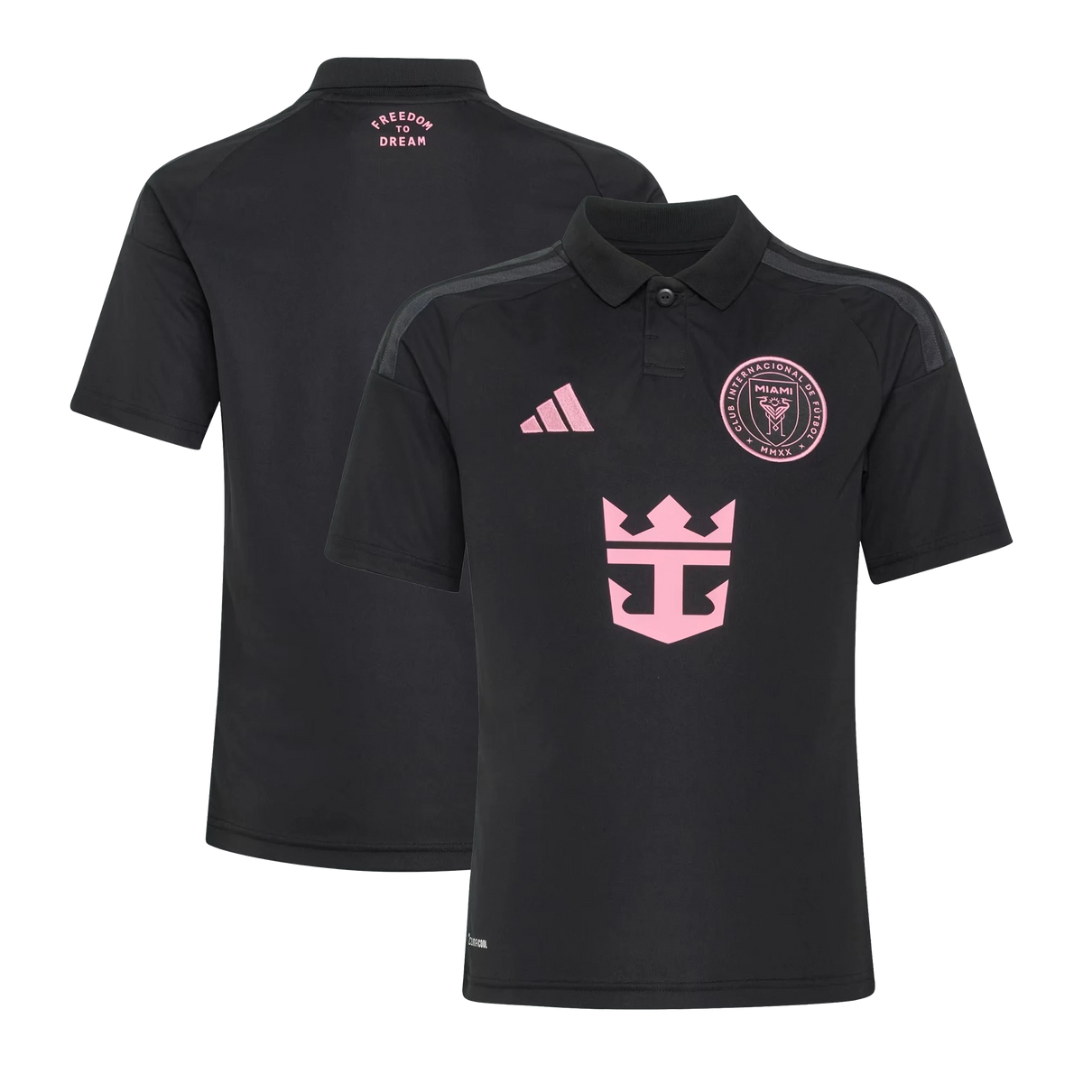 Front and back view of youth Inter Miami CF 2026 away black jersey by Final Third Kit