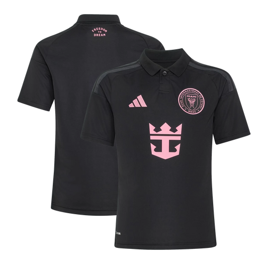 Front and back view of youth Inter Miami CF 2026 away black jersey by Final Third Kit
