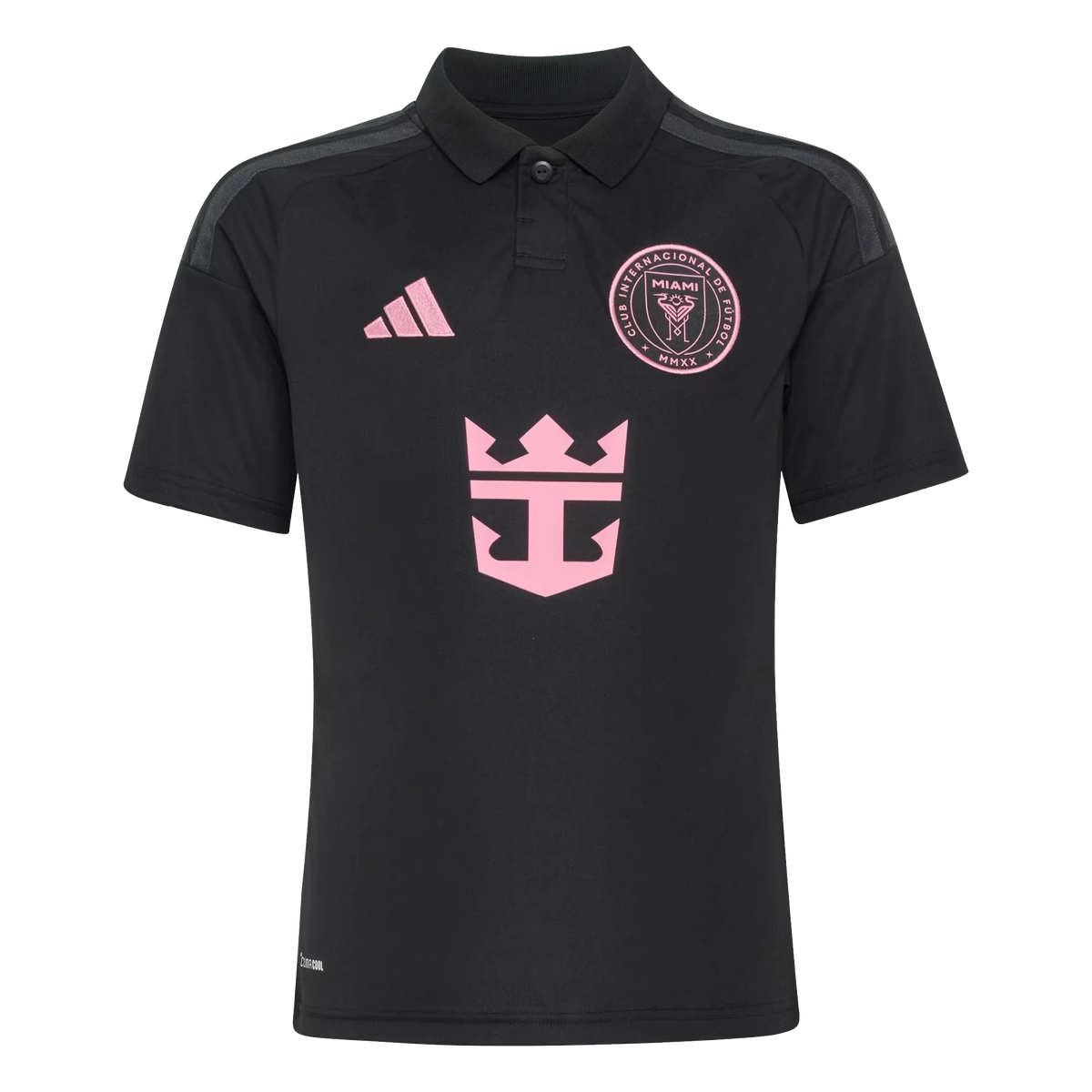 Front view of youth Inter Miami CF 2026 away black soccer jersey by Final Third Kit