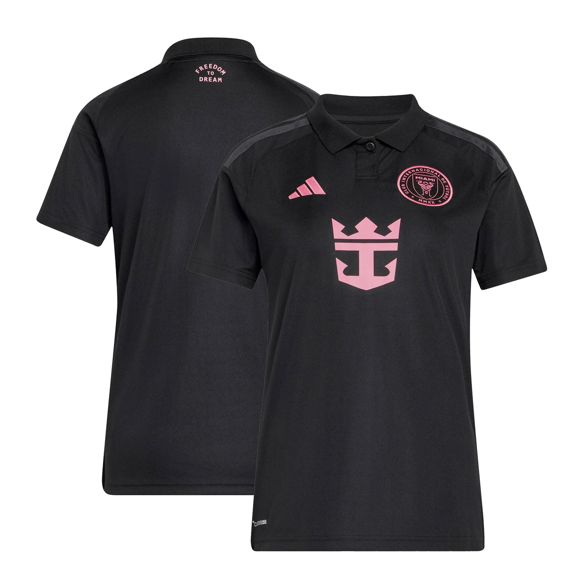 Front and back view of women's Inter Miami CF 2026 Presagio black replica jersey by Final Third Kit