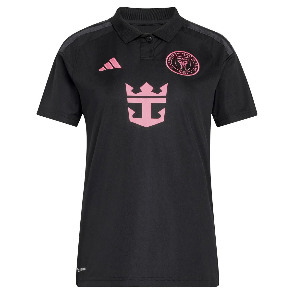 Front view of women's Inter Miami CF 2026 Presagio black replica soccer jersey by Final Third Kit