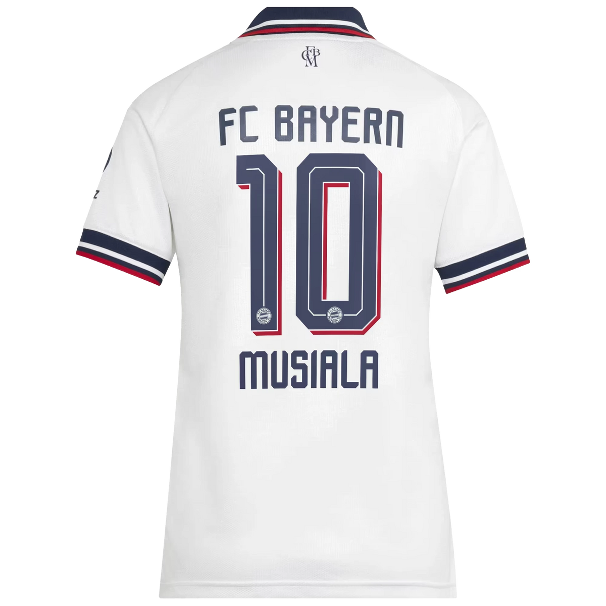 Back view of women's Bayern Munich 2026-2027 away white replica football shirt with Jamal Musiala name and number 10 printing by Final Third Kit