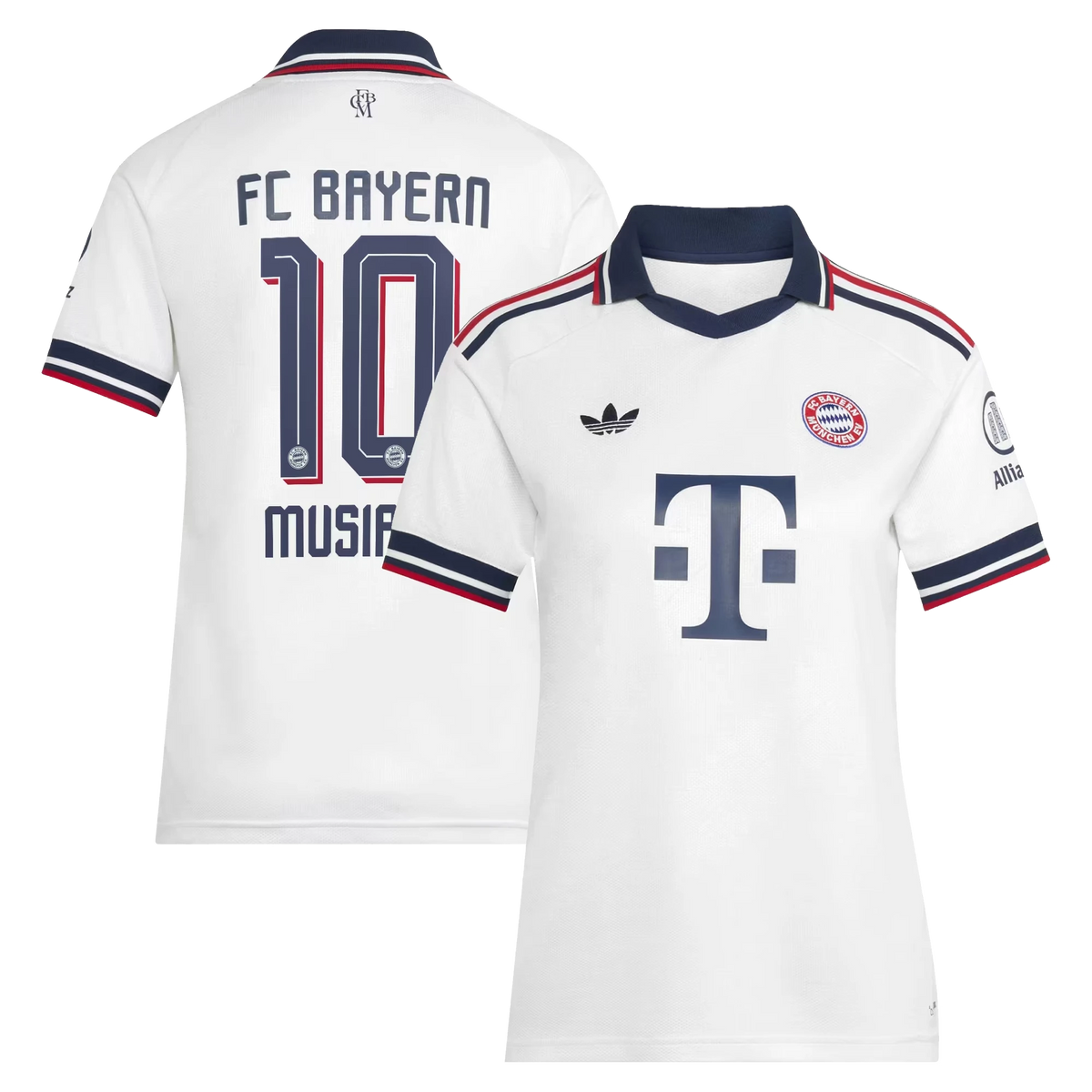 Front and back view of women's Bayern Munich 2026-2027 away white replica jersey featuring Jamal Musiala by Final Third Kit