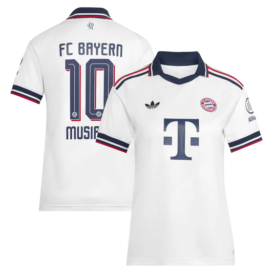 Front and back view of women's Bayern Munich 2026-2027 away white replica jersey featuring Jamal Musiala by Final Third Kit
