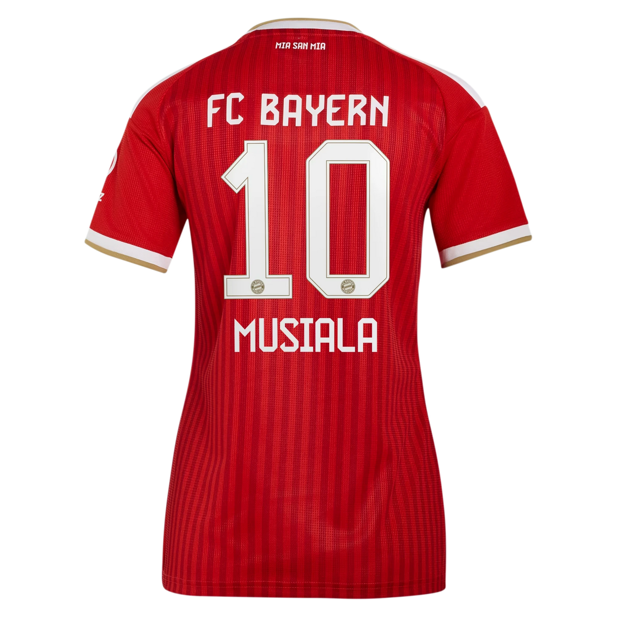 Back view of women's Bayern Munich 2026-2027 home red replica football shirt with Jamal Musiala name and number 10 printing by Final Third Kit