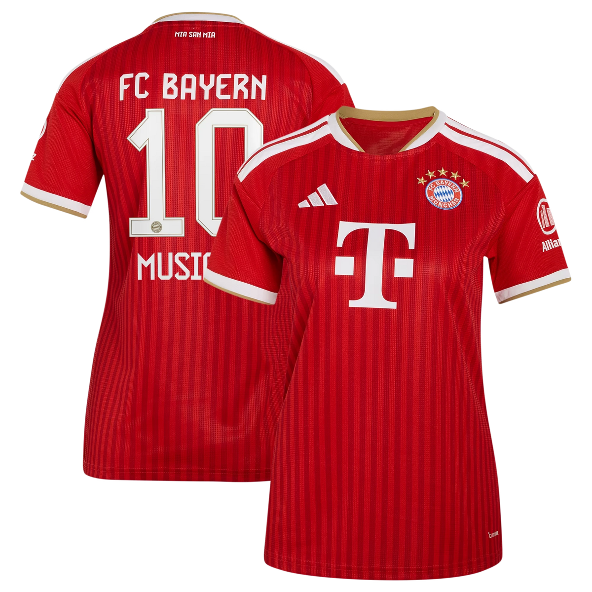 Front and back view of women's Bayern Munich 2026-2027 home red replica jersey featuring Jamal Musiala by Final Third Kit