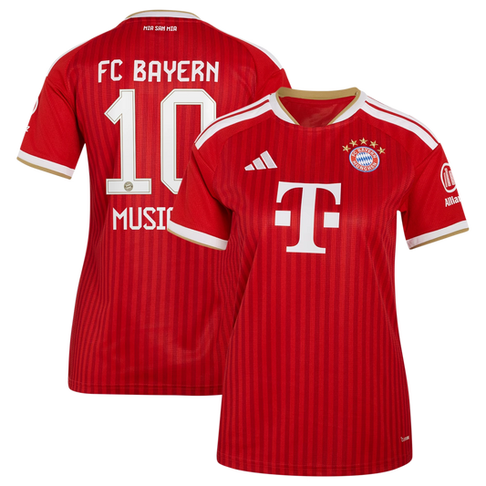 Front and back view of women's Bayern Munich 2026-2027 home red replica jersey featuring Jamal Musiala by Final Third Kit