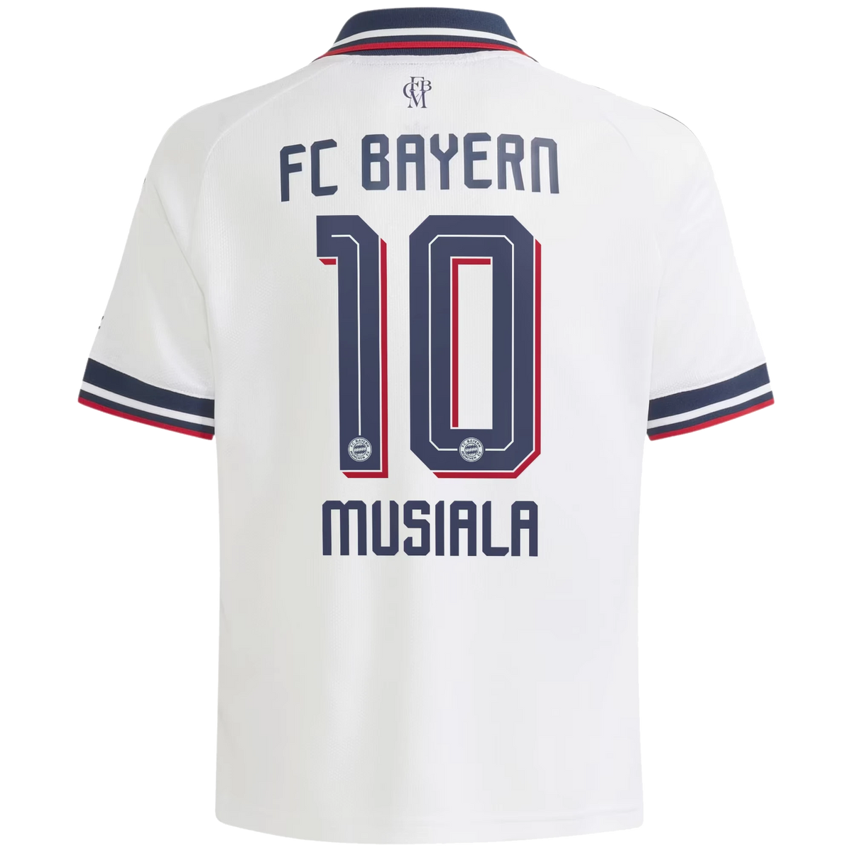 Back view of youth Bayern Munich 2026-2027 away white replica football shirt with Jamal Musiala name and number 10 printing by Final Third Kit