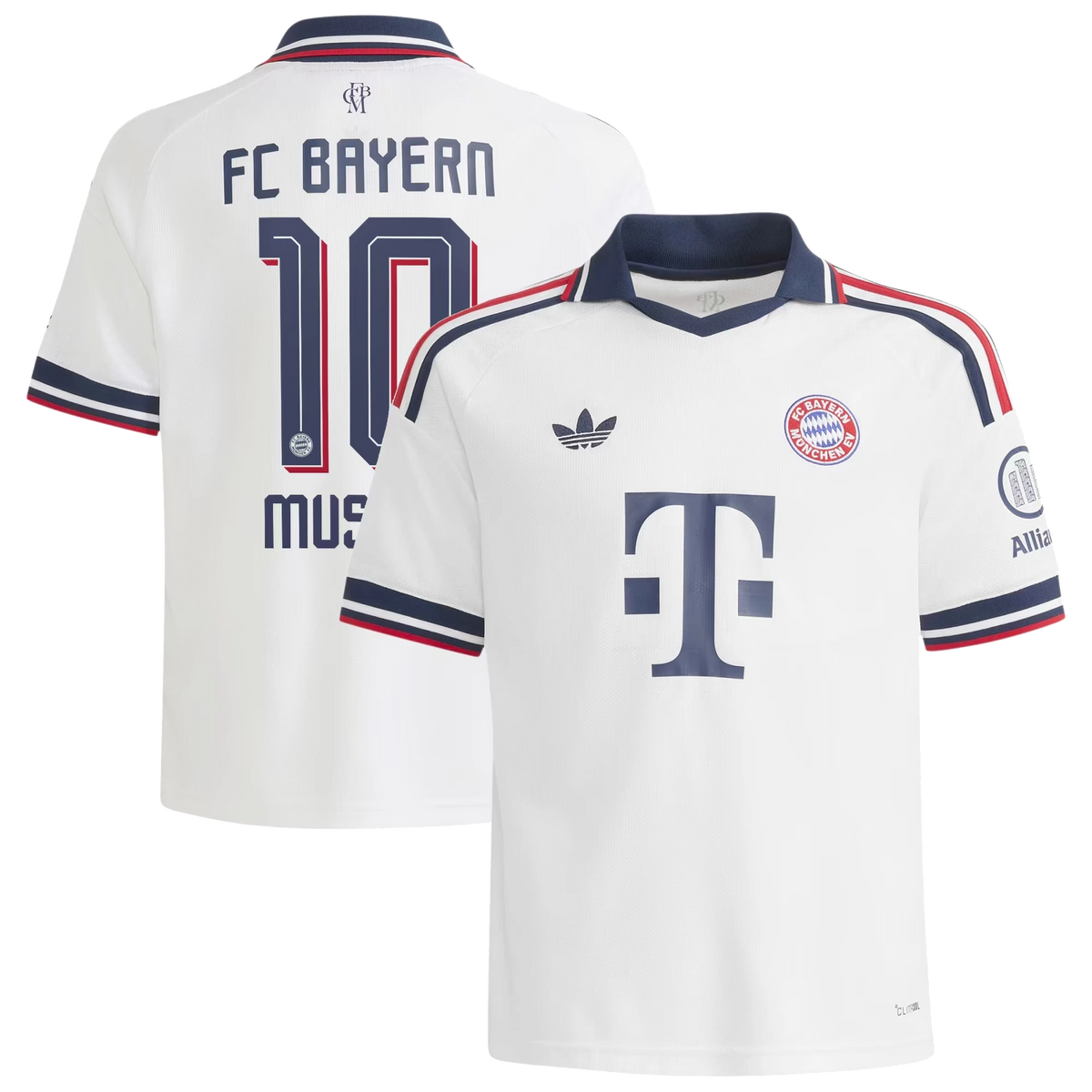 Front and back view of youth Bayern Munich 2026-2027 away white replica jersey featuring Jamal Musiala by Final Third Kit